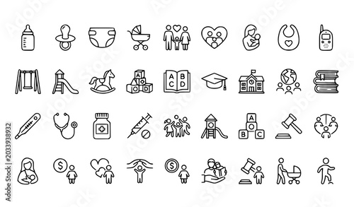 Childhood and Parenthood Line Icon Collection Vector Baby Care Kids Rights Set