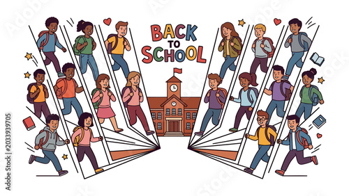 Fotografie Back To School Rush: A vibrant illustration depicts excited students with backpacks rushing towards a school building, symbolizing the start of a new academic year filled with learning and adventure