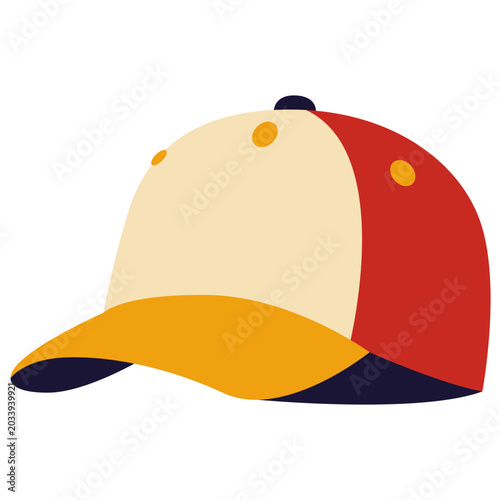Red yellow and blue baseball cap, sporty headwear accessory vector illustration design graphic.