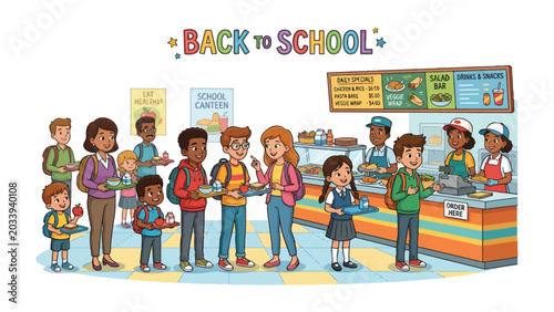 Fotografie Back to School Lunch Line: A lively depiction of students and staff forming a cheerful queue in a school cafeteria, ready to enjoy a midday meal