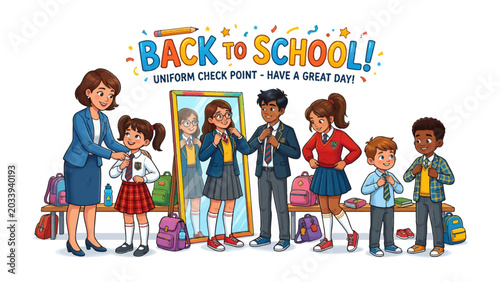 Foto Back to School Uniform Check: A teacher assists students with their school uniforms, checking ties and collars in preparation for a new academic year