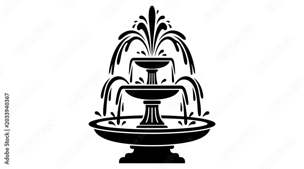 Fototapeta premium Elegant Black and White Fountain Silhouette Against a White Background.