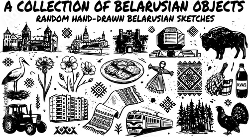 Black and White Hand-drawn Sketches: Collection of Belarusian Culture and Travel Objects, Traditional Symbols, and Landmarks. Doodle Line Art.