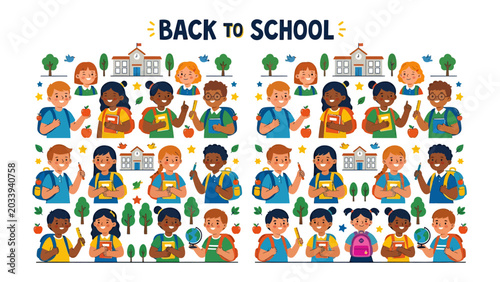 Foto BACK TO SCHOOL Celebration: A vibrant montage of diverse young students and school buildings heralds the joyous return to learning, filled with excitement and new beginnings