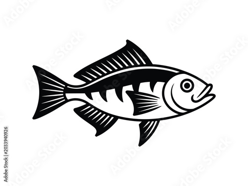 Stylized freshwater fish swimming right black and white graphic illustration