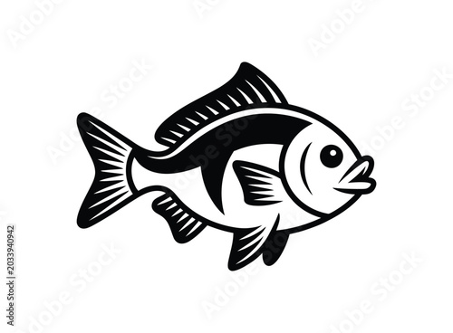 Cute cartoon style freshwater fish looking right black and white graphic