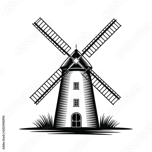 Vintage rural windmill with four sails and grass base graphic illustration