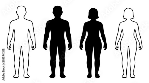 Four human silhouettes, two male and two female, minimalist black‑and‑white design representing gender diversity and anatomical proportion