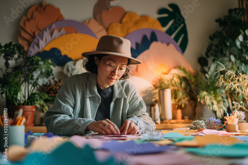 Artist Creating Collage Art with Concentration in Cozy Studio Surrounded by Lush Plants and Colorful Paper