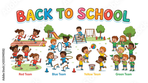 Vászonkép Back to School Fun and Games: A vibrant illustration depicting children engaged in various schoolyard activities, celebrating the start of a new academic year with joyful energy and diverse games