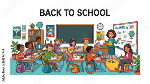 Fotografia Back to School Classroom Scene: A vibrant and diverse classroom filled with young students eager to learn, led by a smiling teacher