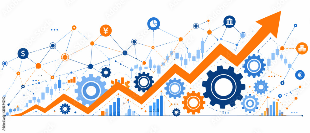 Naklejka premium Financial Growth Concept with Gears and Global Currency Network