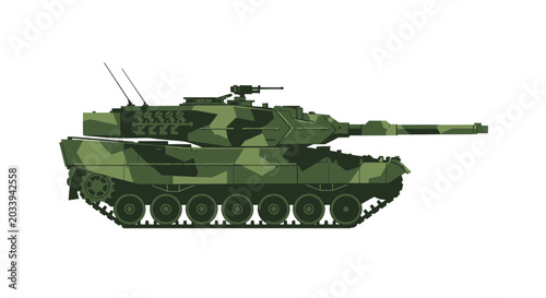 Foto Modern Military Tank with Camouflage, Side View, Isolated on White Background