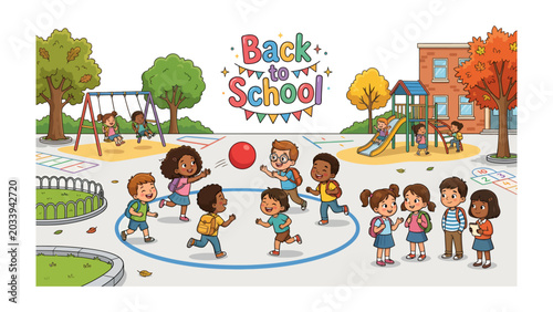 Foto Back to School Joyful Playground Scene: Children joyfully play together on a school playground, engaging in various activities like ball games and swings, under a banner proclaiming Back to School