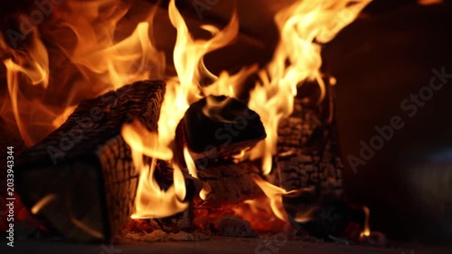 Close-up of burning logs and bright flames inside a wood-fired street food pizza oven, with warm glow, charred texture, and dark copy space