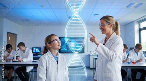 A female science teacher and student study a glowing DNA helix hologram inside a school biology laboratory classroom.