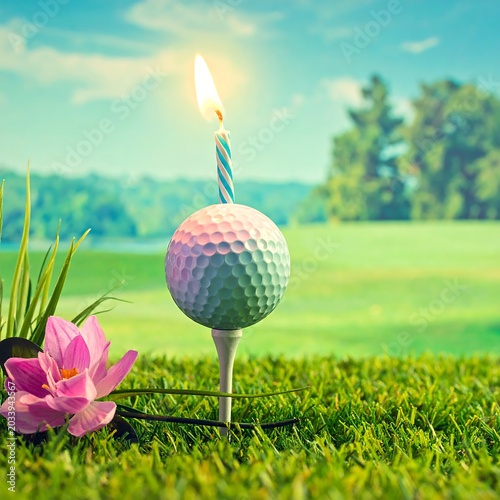 Lit Birthday Candle on White Golf Ball Resting on Tee in Sunny Green Golf Course