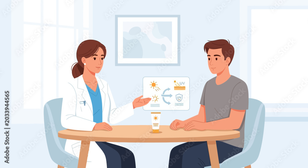 Fototapeta premium Doctor explains dermatology cream use to patient. Sun skin Protection