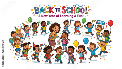 Foto Back to School Celebration: A teacher surrounded by cheerful, diverse children celebrates the start of a new academic year filled with learning and fun, adorned with balloons and confetti