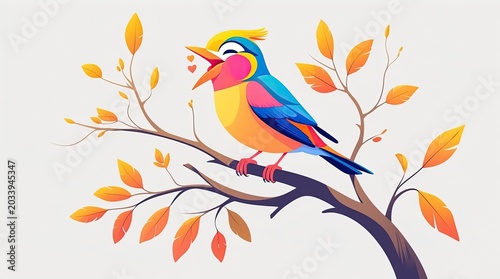 Colorful Singing Bird on Autumn Tree Branch Vector Illustration