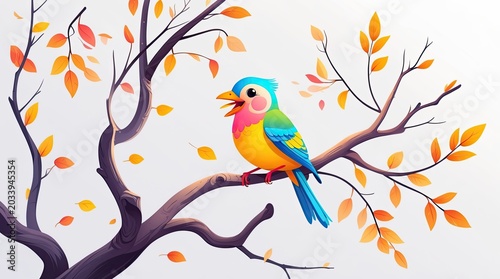 Colorful Singing Bird on Autumn Tree Branch Vector Illustration