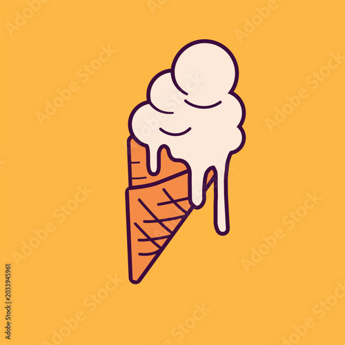 Melting Ice Cream Cone Vector Illustration on Yellow Background