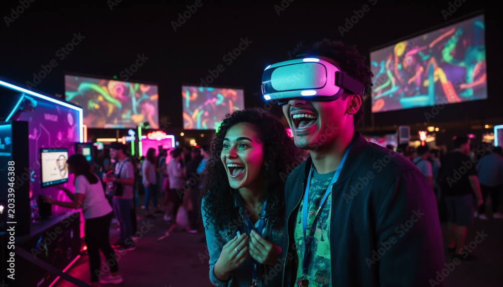 Fototapeta premium Excited young people enjoying virtual reality experience at a neon lit gaming event at night with bright digital screens and futuristic atmosphere in an entertainment zone