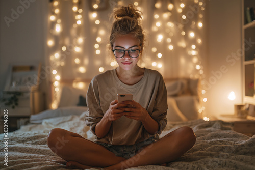 Young Woman Relaxing with Smartphone in Cozy Bedroom Illuminated by Warm String Lights - Women's Mental Health