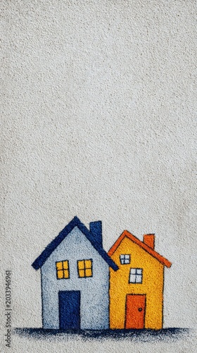 Two colorful illustrated houses side by side painted on a textured white wall symbolizing home and neighborhood concepts in a minimalistic urban art style