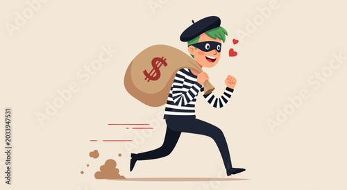 Obraz na płótnie Cartoon illustration of a happy thief running with a stolen bag of money, vector