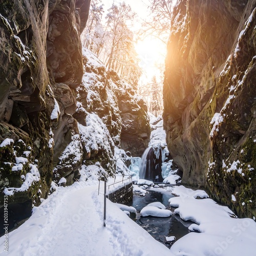 Sunlit Snowy Canyon with Frozen Waterfall and Narrow Path in Rocky Gorge