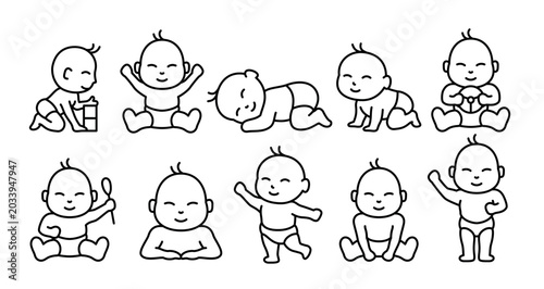 Foto Vector icons of newborns or babies depicting various activities, such as playing, crawling, and sitting