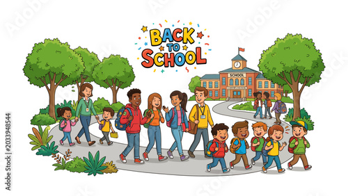 Принти на полотні Back to School Excitement: Children and teachers walk towards a school building, holding backpacks and smiling, eager to begin the new academic year with joyful anticipation