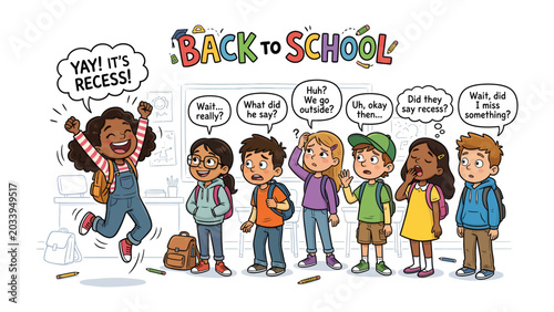 Tableau sur toile Excitedly Starting Recess: A group of diverse children in a classroom are depicted with a mix of emotions as one girl exclaims