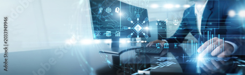 Canvas Print Fintech expert working on computer using decentralized finance