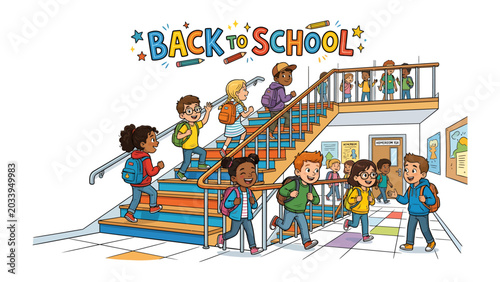 Εκτύπωση καμβά Back to School Excitement: Children with backpacks excitedly ascend stairs and move through a hallway, heading to school, with colorful decorations and school supplies visible
