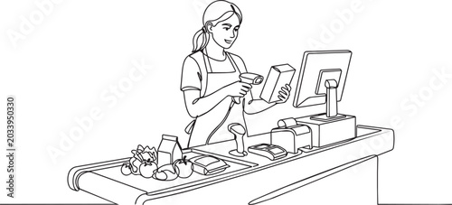 Checkout clerk, retail worker, scanning groceries, cashier, supermarket