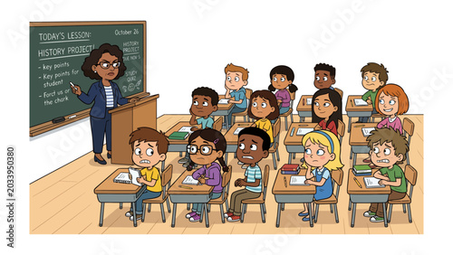 Photos Back to School: A lively classroom scene with a teacher instructing a diverse group of students, all seated at their desks, ready to learn
