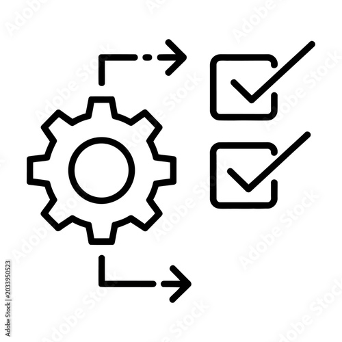 Vector icon showing a gear with arrows pointing to checkmarks, symbolizing process and completion