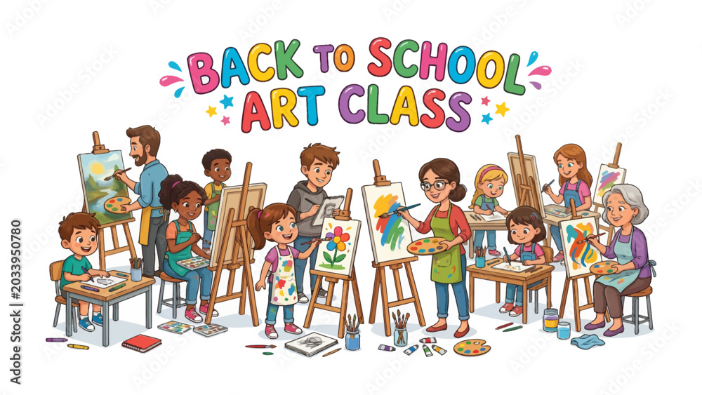 Fototapeta premium Back to School Art Class: A vibrant illustration depicting a diverse group of children and adults engaged in a lively art class, painting and drawing on easels with colorful supplies.