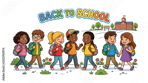 Vászonkép Back to School Celebration: A diverse group of cheerful children, each with a backpack and a smile, walk towards a school building, ready for a new academic year filled with learning and friendship