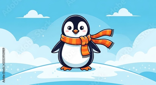 Cartoon penguin holding a red surfboard on beach.