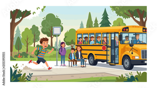 Tableau sur toile Running late for the school bus: A young student in a striped shirt races towards a yellow school bus, backpack bouncing, while other children wait at the bus stop under a clear sky