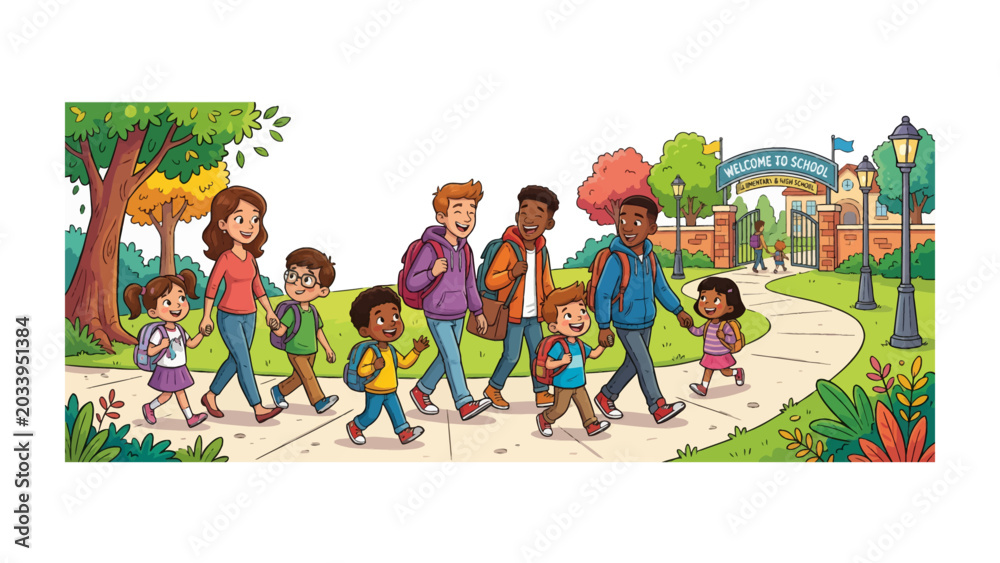 Fototapeta premium School Days Ahead: A cheerful group of students and teachers walk along a path towards a school entrance, carrying backpacks and radiating excitement for the learning journey.