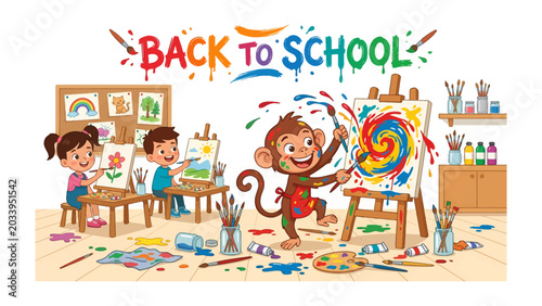 Canvas Print Back to School Art Class: Young students happily engage in a vibrant art class, surrounded by colorful paints, brushes, and easels