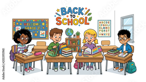 Fényképezés Classroom Scene for Back to School: Children, diverse in ethnicity, are actively engaged in a classroom setting, preparing for the new academic year with books and backpacks