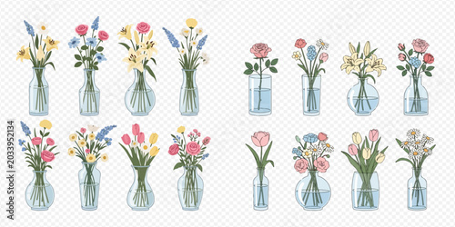 Collection of various colorful flower bouquets in clear glass vases and bottles, isolated on transparent background.