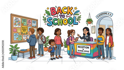 Konstfotografi Back to School Excitement: Students and parents gather at a school reception area, a bulletin board displays important information, and a friendly staff member assists visitors