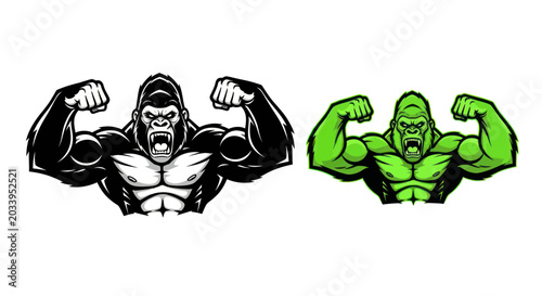 Canvas Print Mighty Gorilla Flexing Muscles, Black and Green Versions, Fierce Ape Power
