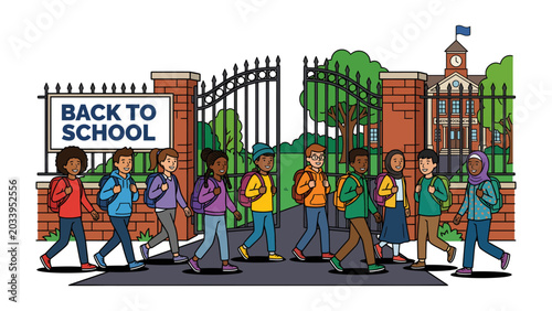 Obraz na płótnie Back to School Excitement: A diverse group of children with backpacks walks through the open gates of a school building, signaling the start of a new academic year with enthusiasm and anticipation